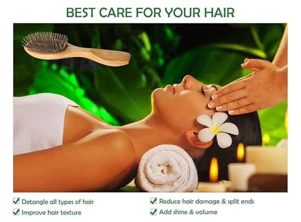 PureGLO Natural Wooden Oval Massage Hair Brush