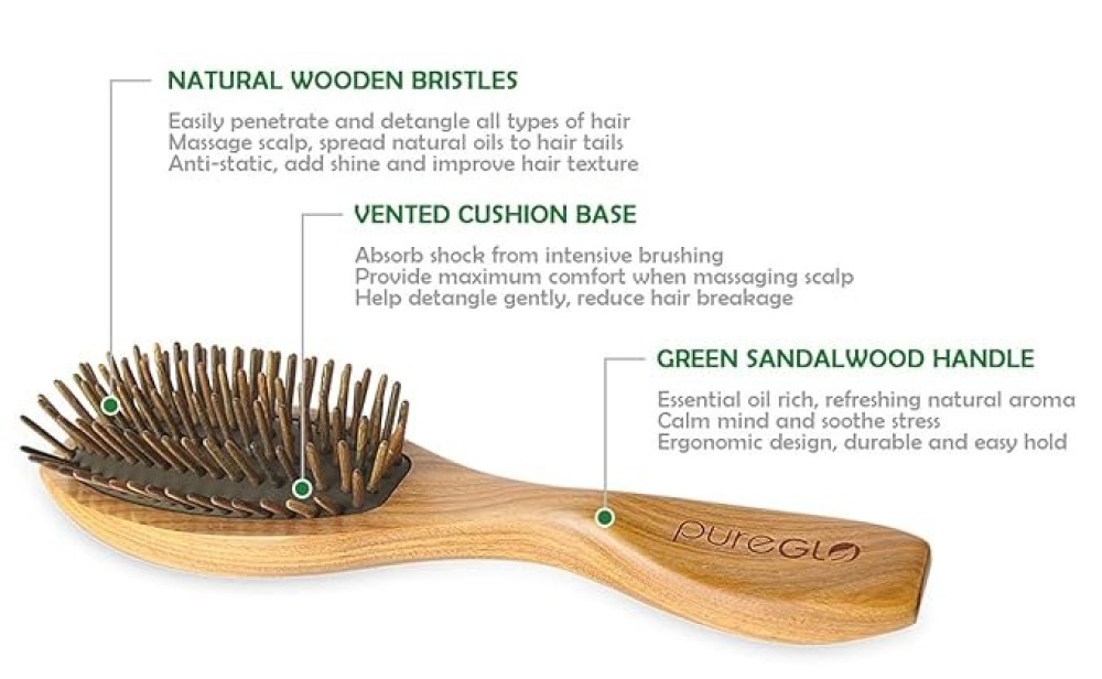 PureGLO Natural Wooden Oval Massage Hair Brush