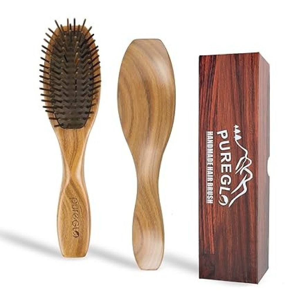 PureGLO Natural Wooden Oval Massage Hair Brush